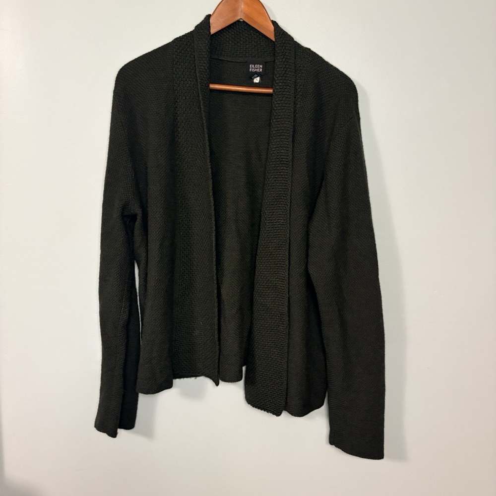 Eileen Fisher 100% Merino Wool Green Open Front Cardigan Sweater XL Italian Yarn